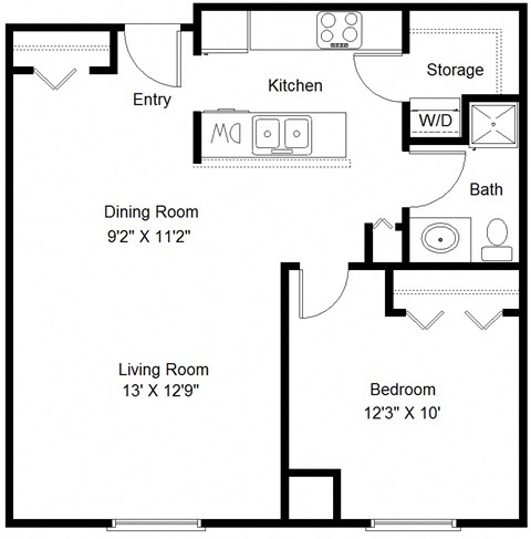 Floor plan for 1 bed, 1 bath, 718 sqft